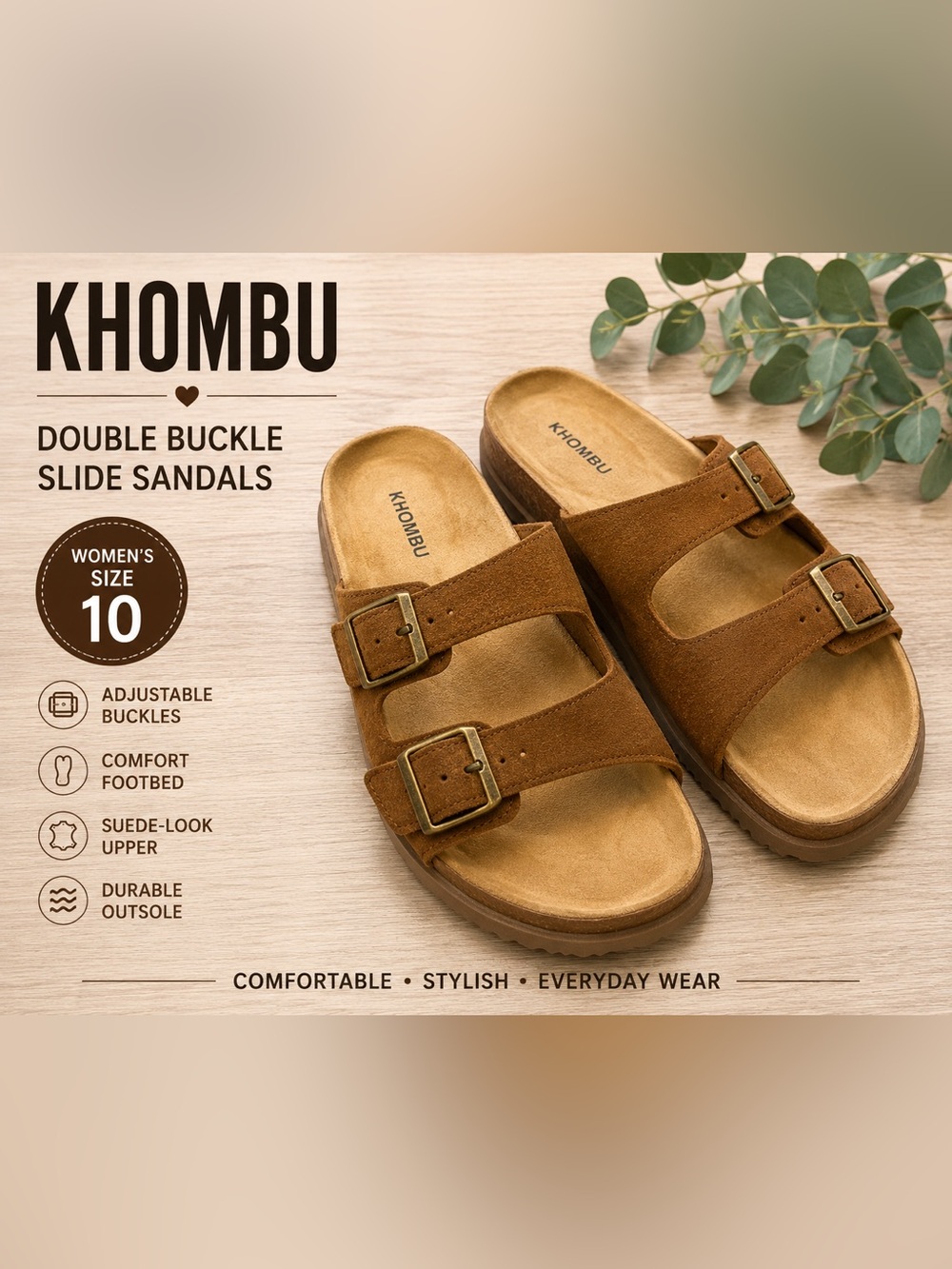 Khombu Brown Suede Double Buckle Slide Sandals Women’s Size 10